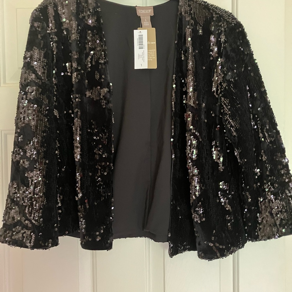 Chico's Sparkling Black Sequin Jacket size 1